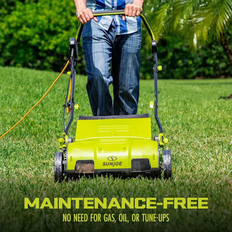AJ805E 15-Inch Electric Dethatcher & Scarifier  13-Amp Motor, 13.2-Gal Detachable Bag, 5-Height Settings, AirBoost Lawn Revitalization