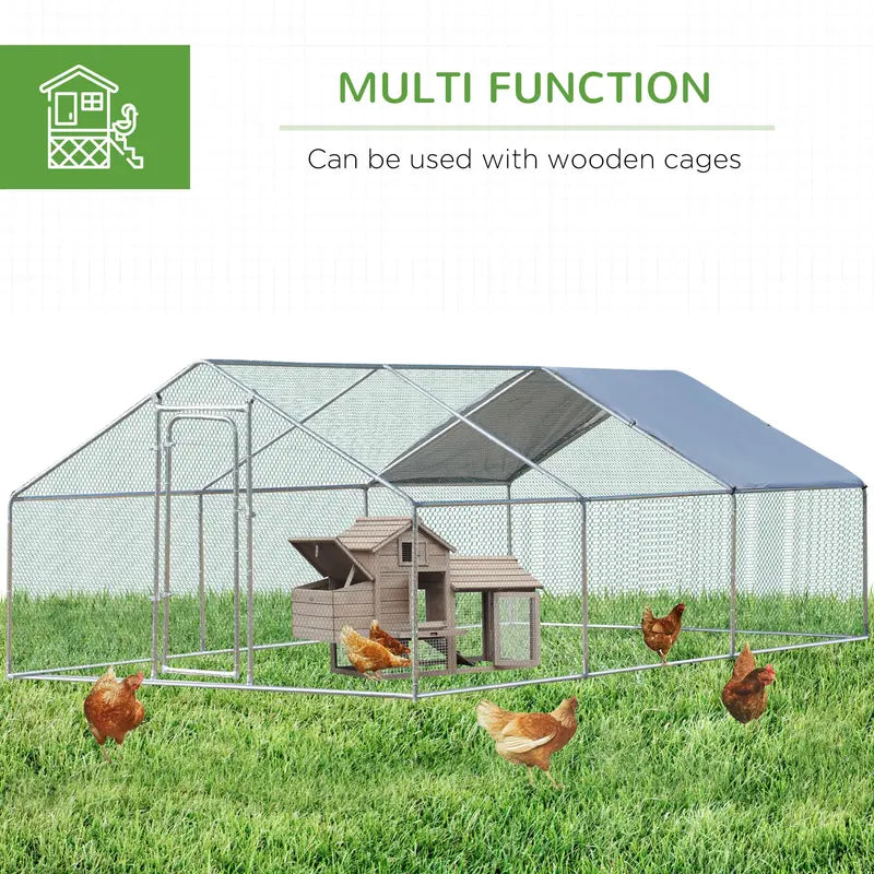 PawHut Galvanized Large Metal Chicken Coop Cage, 3 Room Walk-in Enclosure, Poultry Hen House with UV and Water Resistant Cover for Outdoor Backyard, 10′ x 19.7′ x 6.4′