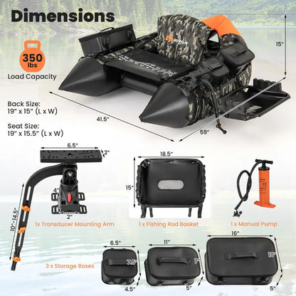 Compact Fishing Float Tube  Inflatable Belly Boat with Integrated Fish Ruler, Pump & Travel Bag
