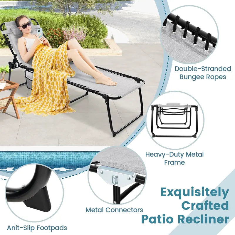 Adjustable Patio Chaise Lounge  Folding Recliner Chair with 4-Position Backrest, Side Pocket & Removable Headrest