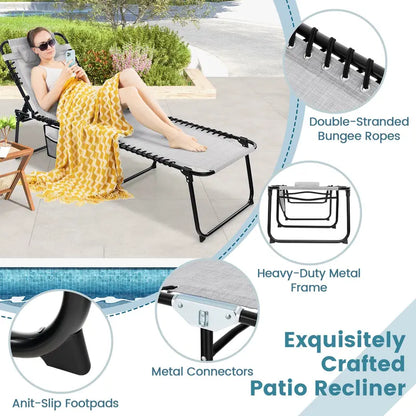 Adjustable Patio Chaise Lounge  Folding Recliner Chair with 4-Position Backrest, Side Pocket & Removable Headrest