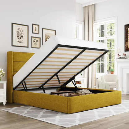 Allewie Modern Hydraulic Lift Queen Storage Bed  Wingback Headboard, Light Beige