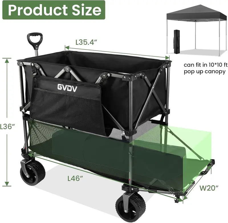 46″ Extended Foldable Double-Decker Cart  500 lb Capacity All-Terrain Utility Wagon with Reinforced Frame