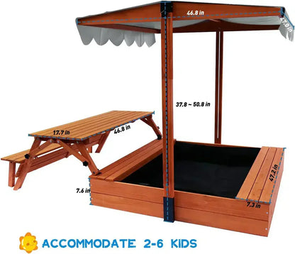 Wooden Outdoor Sandbox with Lid & Picnic Table  Foldable Sandpit with Protective Cover