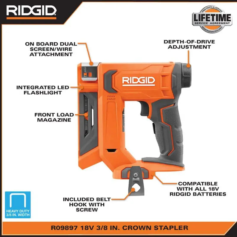 RIDGID 18V Cordless 3/8 in. Crown Stapler Kit with 2.0 Ah Battery and Charger R09897KN