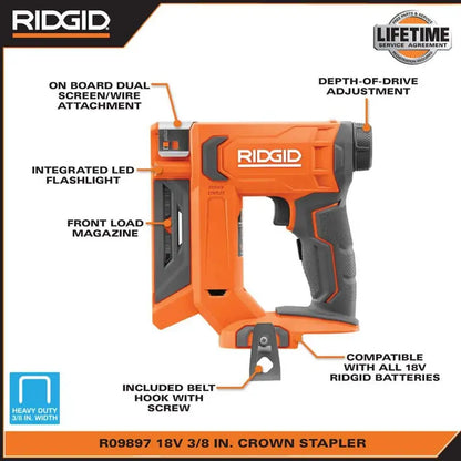 RIDGID 18V Cordless 3/8 in. Crown Stapler Kit with 2.0 Ah Battery and Charger R09897KN