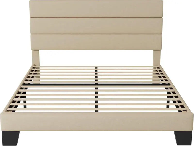 Allewie King Platform Bed Frame  Velvet-Upholstered Headboard with Solid Wood Slats