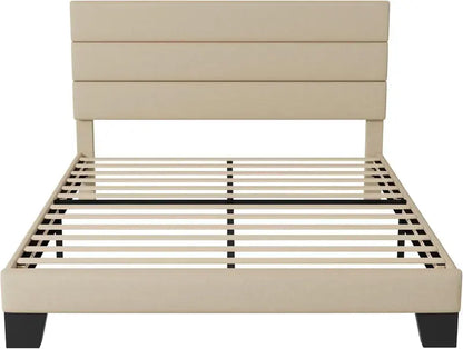 Allewie King Platform Bed Frame  Velvet-Upholstered Headboard with Solid Wood Slats