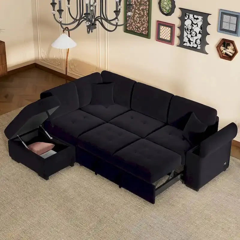 L-Shaped 5-Piece Sleeper Sectional Sofa with Built-In Storage, USB Ports, and Ottoman