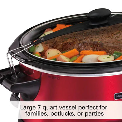 Hamilton Beach 7-Quart Programmable Stay or Go Slow Cooker with Built-in Party Dipper  Red Model 33478