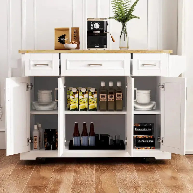 White Rolling Kitchen Island Cart  Drop-Leaf Wood Top, Embossed Finish, Doors & Drawers