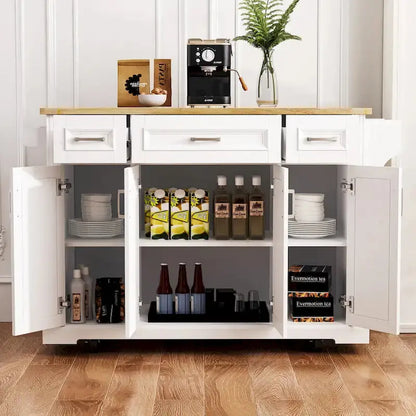 White Rolling Kitchen Island Cart  Drop-Leaf Wood Top, Embossed Finish, Doors & Drawers