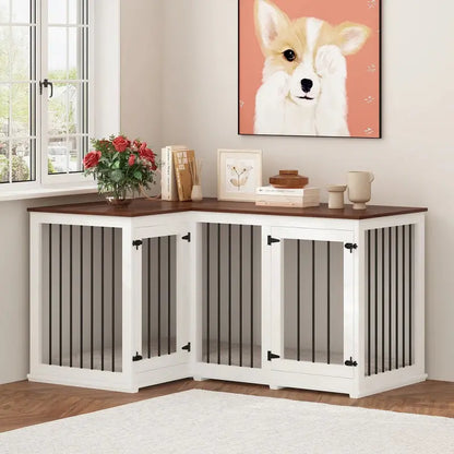 L-Shaped Corner Dog Crate Furniture  Dual-Dog Capacity, 58.7″ x 41.1″, Stylish Enclosed Design