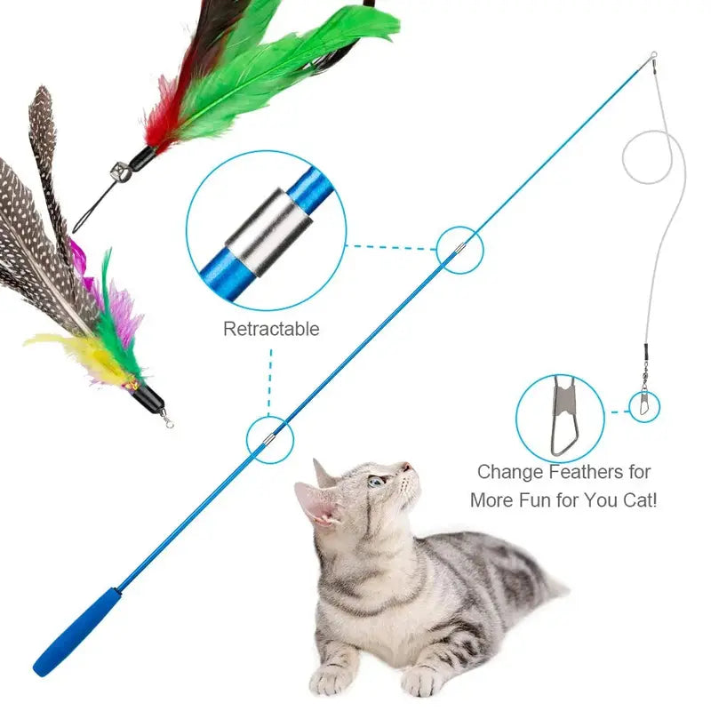 Funny Feather Cat Toy with Bell Refills, Retractable Wand, Eco-Friendly Materials, Includes 5 Feather Refills, for Active Kittens