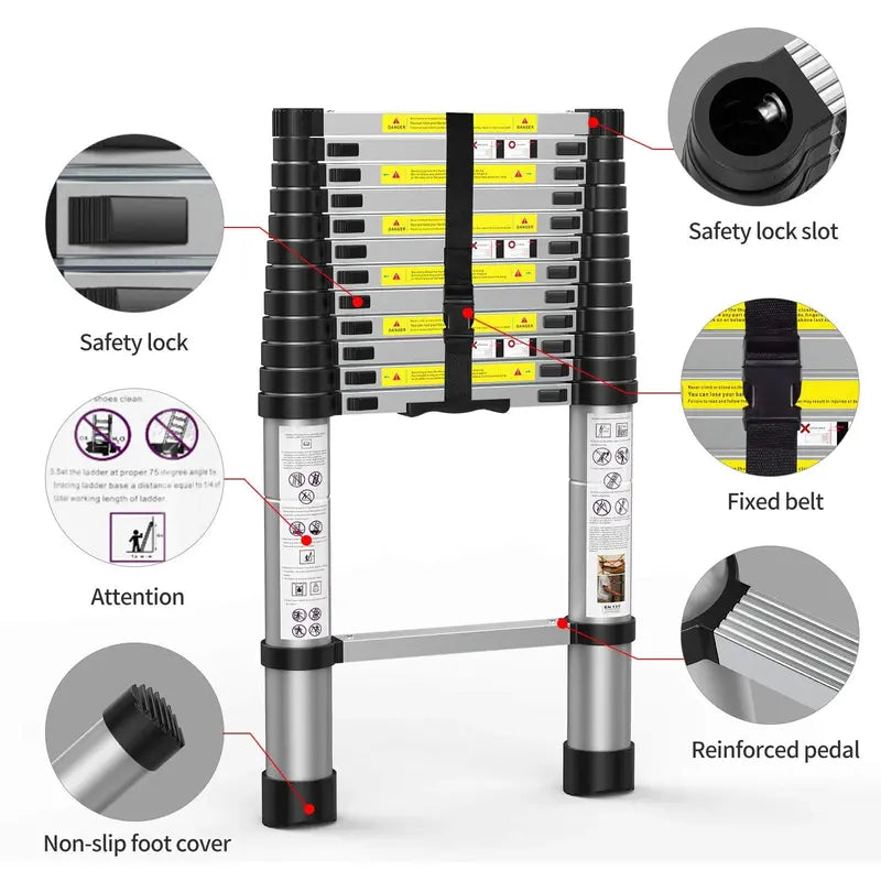 BOWEITI Telescoping Aluminum Extension Ladder 15.5FT, 330 lb Capacity, Adjustable Height, Includes Carry Bag & Gloves