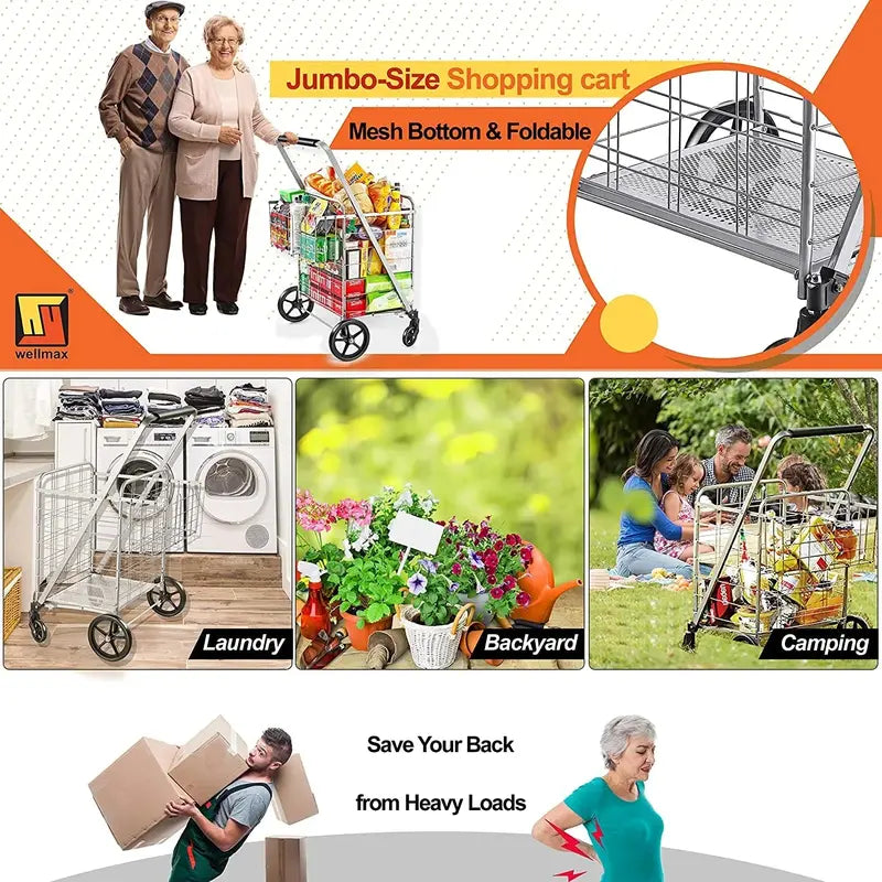 Heavy-Duty Metal Shopping Cart with Smooth-Rolling Wheels for Groceries and More