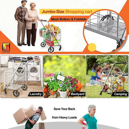 Heavy-Duty Metal Shopping Cart with Smooth-Rolling Wheels for Groceries and More