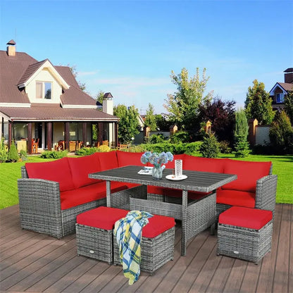 7-Piece Rattan Patio Dining Set  Sectional Sofa, Table, Ottomans & Weather-Resistant Cushions