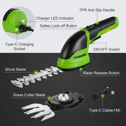 WORKPRO 3.6V Cordless 2-in-1 Hedge & Grass Trimmer  Lightweight Handheld Design