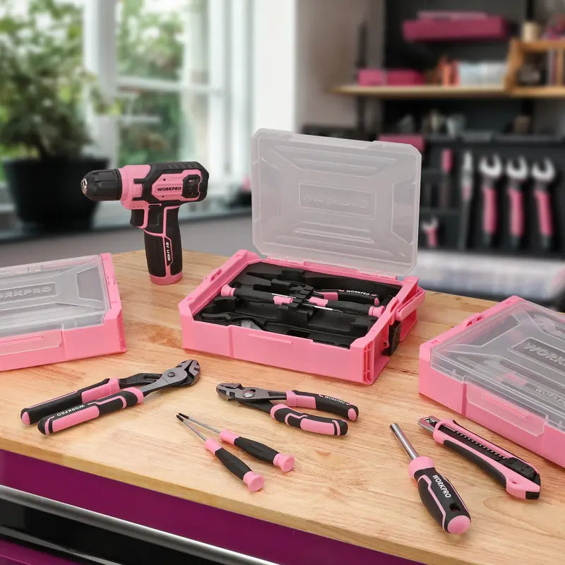 WORKPRO 43-Piece 8V Cordless Drill Driver Kit with Stackable Pink Tool Storage Box