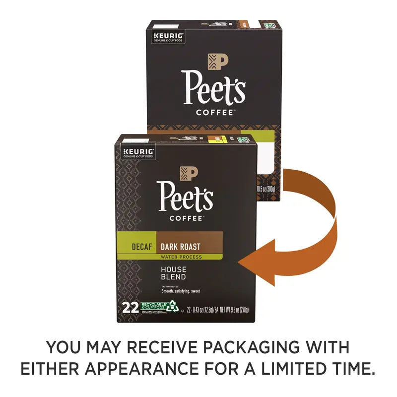 Peet’s Decaf House Blend K-Cup Pods  Dark Roast, 88-Count (4 x 22-Pack) for Smooth, Caffeine-Free Brewing