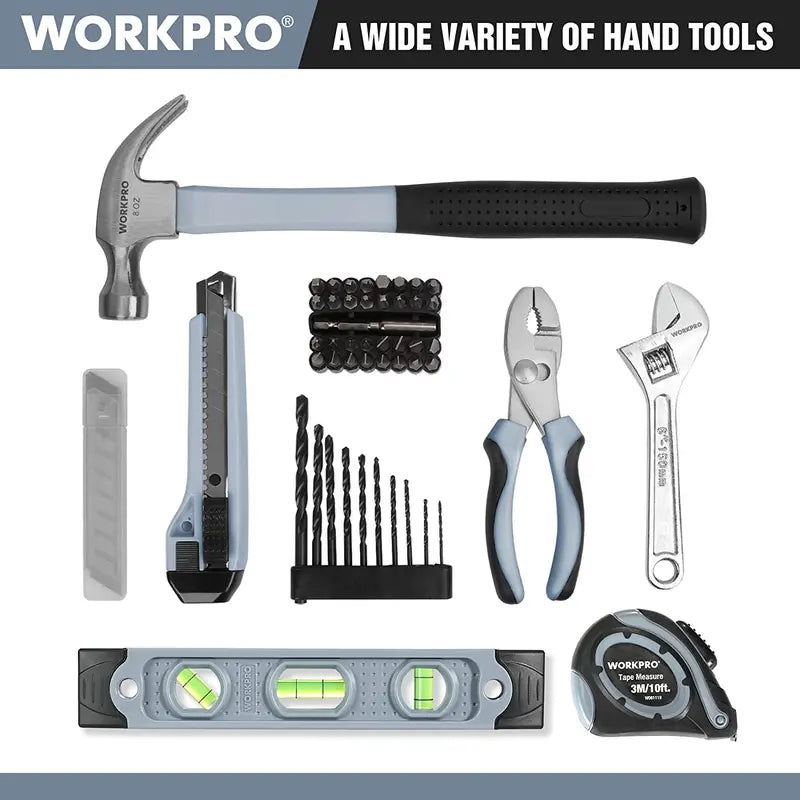 WORKPRO 12V Home Repair Kit: 61-Piece Drill Set with 14″ Organized Storage Bag