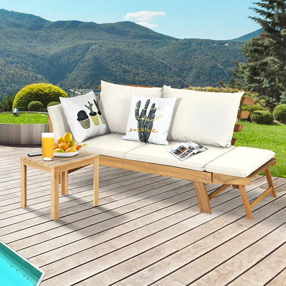 Acacia Wood Outdoor Daybed  Convertible Sofa Bed with Adjustable Armrests & Lounge Function