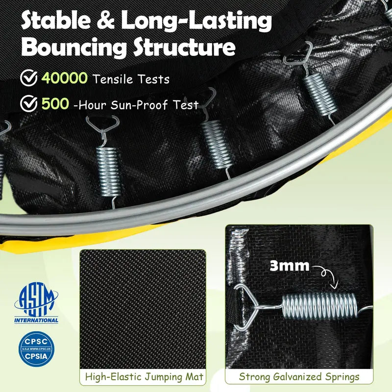 Kids’ Trampoline with Safety Enclosure  Includes Adjustable Gymnastics Bar, Swing & Basketball Hoop
