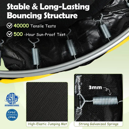 Kids’ Trampoline with Safety Enclosure  Includes Adjustable Gymnastics Bar, Swing & Basketball Hoop