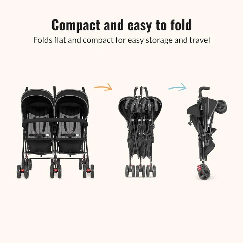 Compact Twin Umbrella Stroller in Black  Lightweight Double Stroller for Infant & Toddler with Large Canopy & Storage Basket