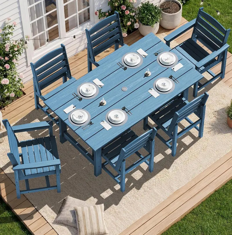 SERWALL 7-Piece Blue HDPE Outdoor Dining Set with Umbrella Hole and Stackable Chairs