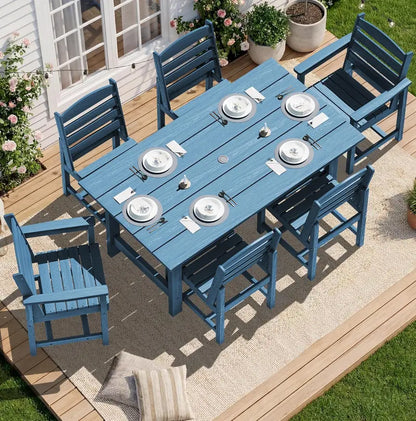 SERWALL 7-Piece Blue HDPE Outdoor Dining Set with Umbrella Hole and Stackable Chairs