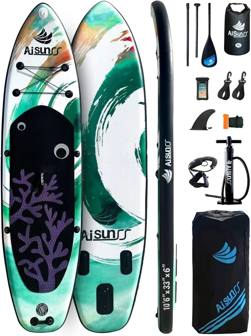 Wide Inflatable SUP Board Bundle  Comes with Carry Bag, Hand Pump, 10L Dry Bag & Height-Adjustable Paddle