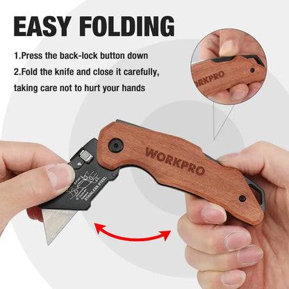 WORKPRO Heavy-Duty Folding Utility Knife  Wood Handle, Durable Blade Design