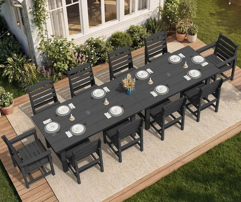SERWALL 7-Piece Blue HDPE Outdoor Dining Set with Umbrella Hole and Stackable Chairs