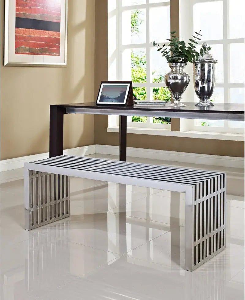 Large Stainless Steel Gridiron Bench  Sleek Silver Industrial-Style Seating for Entryways or Outdoor Use