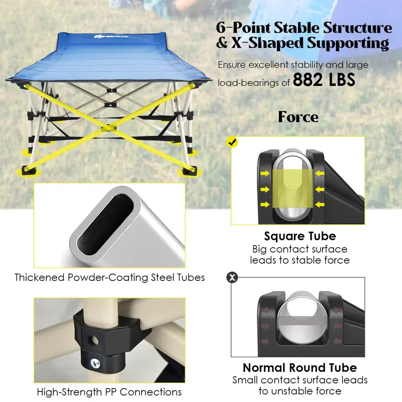 Extra-Wide Folding Camping Cot  Reinforced 28.5-Inch Wide Cot Supporting Up to 882 LB
