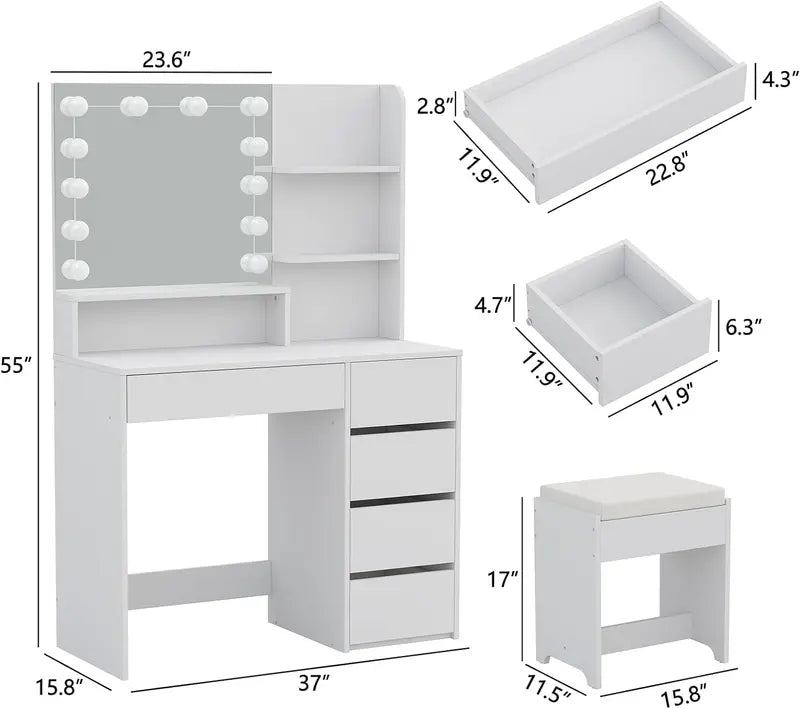 Furniouse Lighted Vanity Mirror Set with 5-Drawer Storage Table  Modern Makeup Station