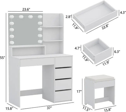 Furniouse Lighted Vanity Mirror Set with 5-Drawer Storage Table  Modern Makeup Station
