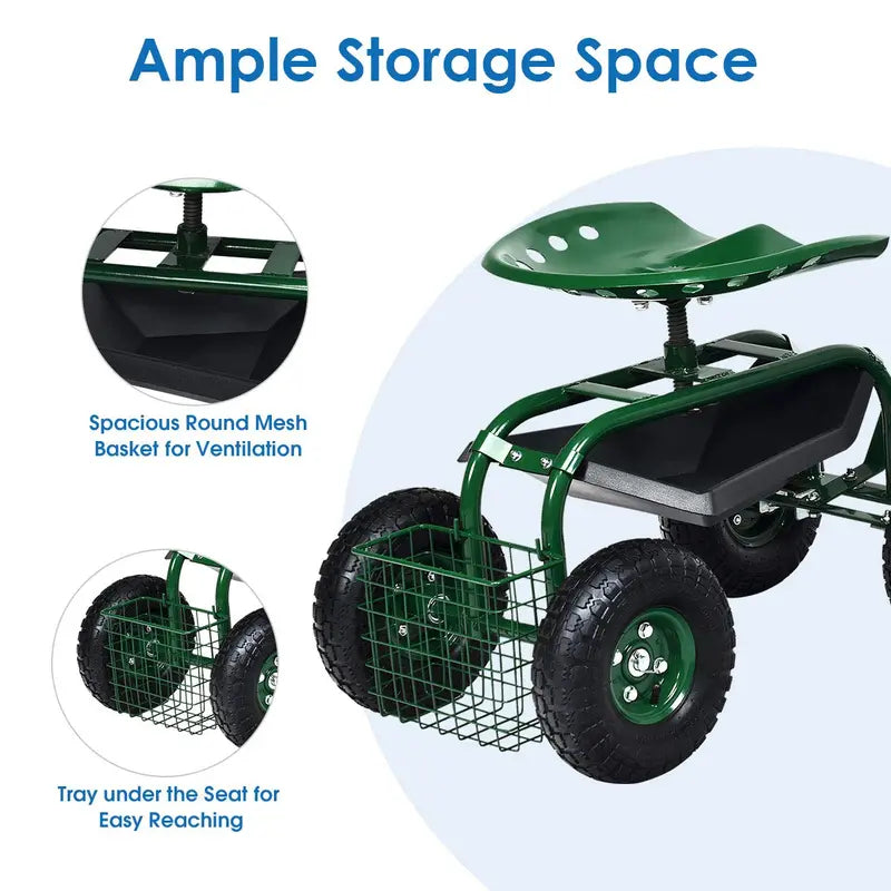 Compact Gardening Scooter Wagon with Wheels for Lawn and Patio Tasks