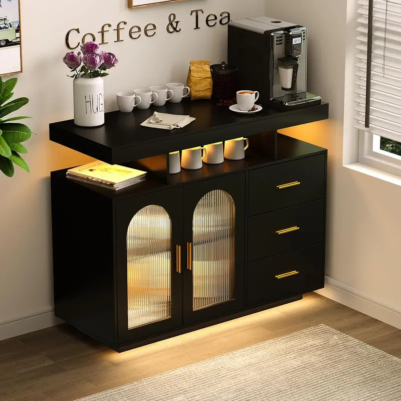 RGB-Lit Bar Cabinet with Motion Sensor  Modern Wood Buffet Sideboard with Shelf Storage &amp; Coffee Bar Functionality (Black)