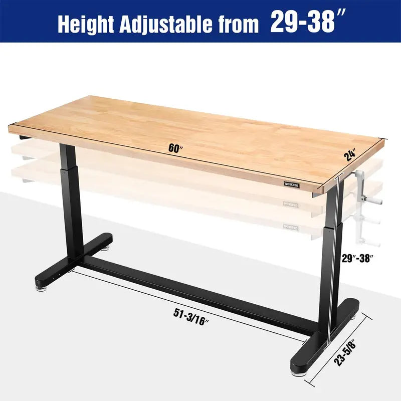 WORKPRO 60-Inch Crank-Adjustable Workbench  Industrial-Strength Table with Leveling Feet and 500-Lb Capacity