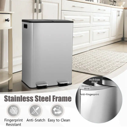 16-Gallon Dual-Bin Stainless Steel Kitchen Trash Can