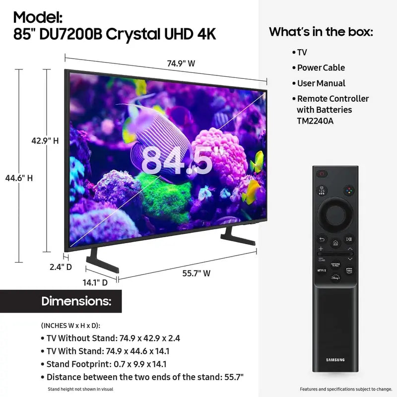 Samsung 85″ Crystal UHD 4K Smart TV  DU7200B 2024 Edition with PurColor and HDR Support
