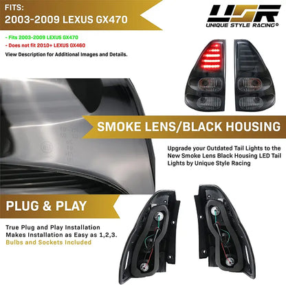 JDM Style SMOKE LENS / BLACK HOUSING LED Light Bar Rear Tail Light Set (Left + Right) Compatible with 2003-2009 LEXUS GX470
