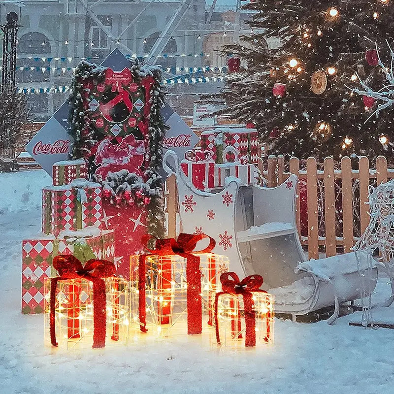 Lighted Christmas Gift Box Ornaments  Set of 3 White LED-Illuminated Decorative Boxes