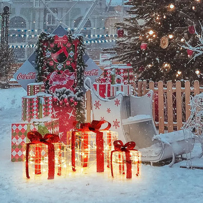 Lighted Christmas Gift Box Ornaments  Set of 3 White LED-Illuminated Decorative Boxes