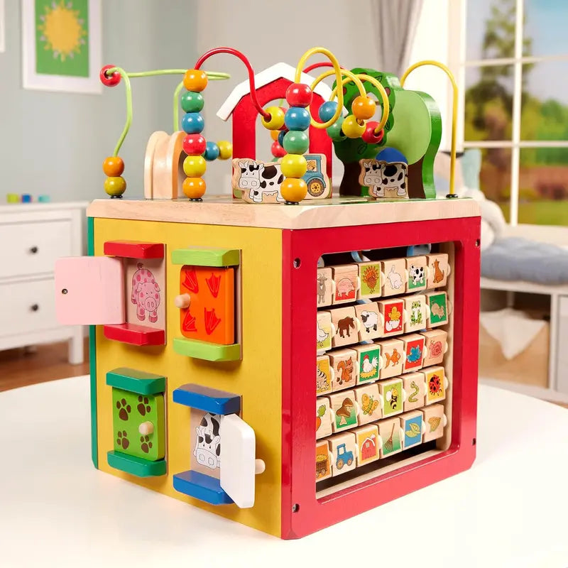 City-Themed Wooden Activity Cube  Educational Toddler Toy with Sensory Play Features, Ages 1+