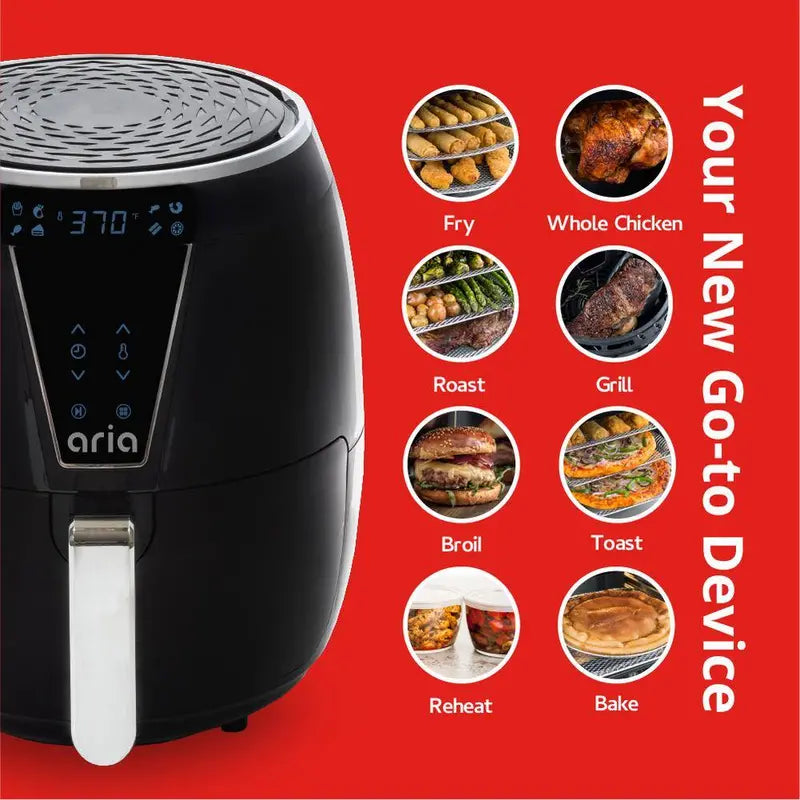 ARIA 5Qt Teflon-Free Premium Ceramic Air Fryer with 2-Tier Stainless Steel Rack Baking Pan Skewers and Extended Recipe Book CFA-897