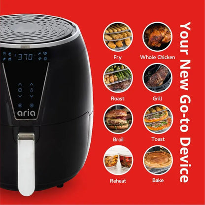 ARIA 5Qt Teflon-Free Premium Ceramic Air Fryer with 2-Tier Stainless Steel Rack Baking Pan Skewers and Extended Recipe Book CFA-897